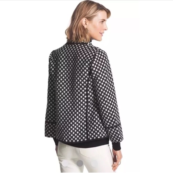 CHICO’S Polka Dot Plush Jacket Coat Black White Open Front Pockets Classic Soft - Picture 5 of 9